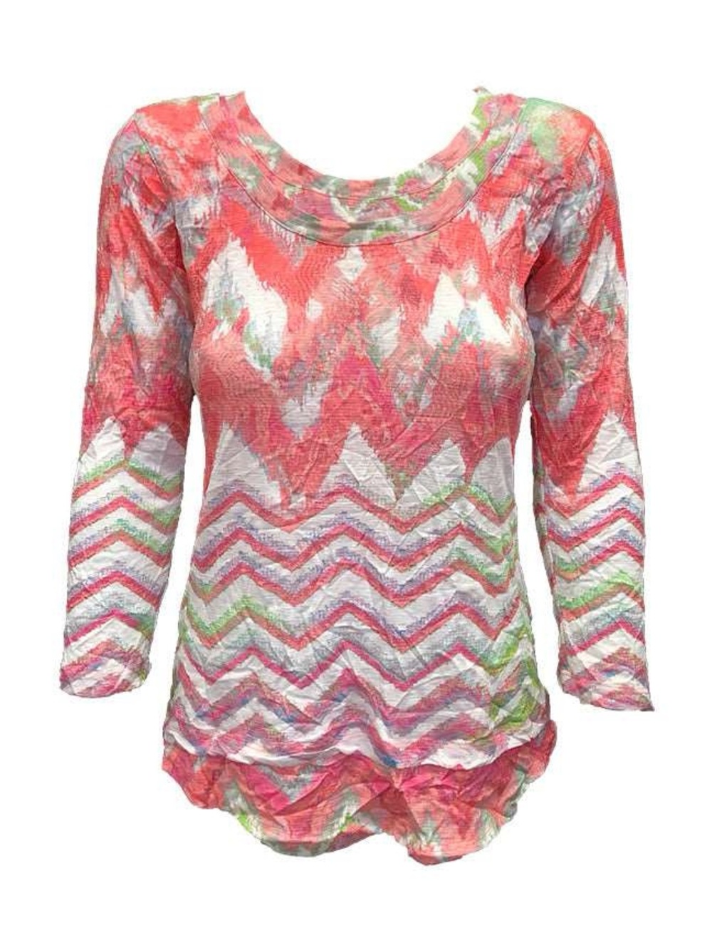 David Cline Tee Top Womens M Crushed 3/4 Sleeve Zig Zag Crew Colorful Artsy